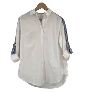 Bishop + Young Womens Button Blouse White Blue Striped 3/4 Sleeve Collar S New‎